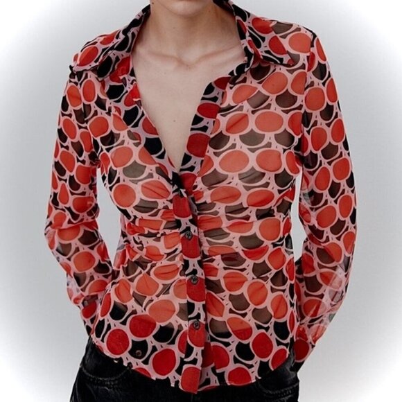 Zara Red Black Sheer Polka Dot Retro Geo Print Button Down Ruched Long Sleeve Bl - Picture 7 of 9